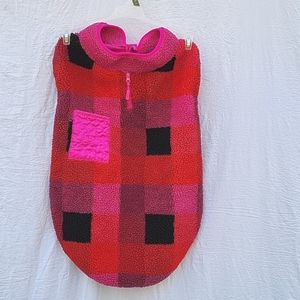 Girl dog fleece jacket, pink & red plaid, pocket, zip for leash, sz XL, warm